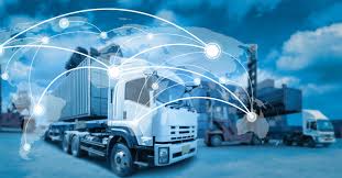A truck transporting goods with a network of global connections illustrated in the background, symbolizing logistics and shipping.