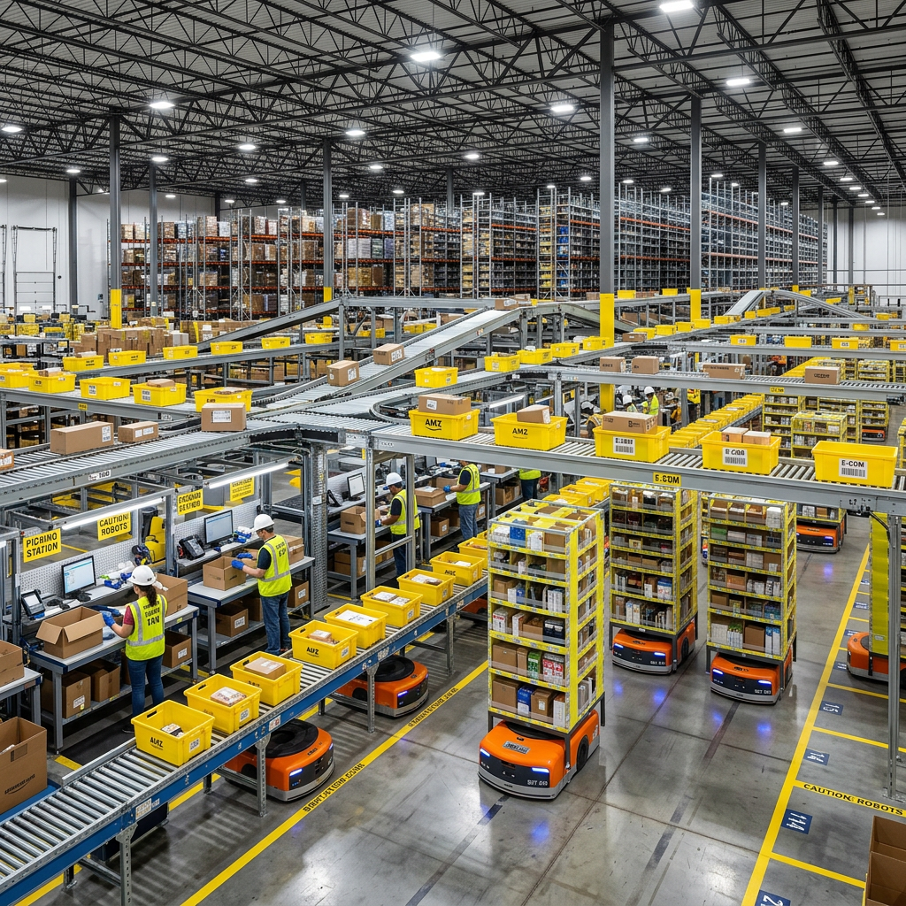 Warehouse with workers at packing stations and robots moving shelves