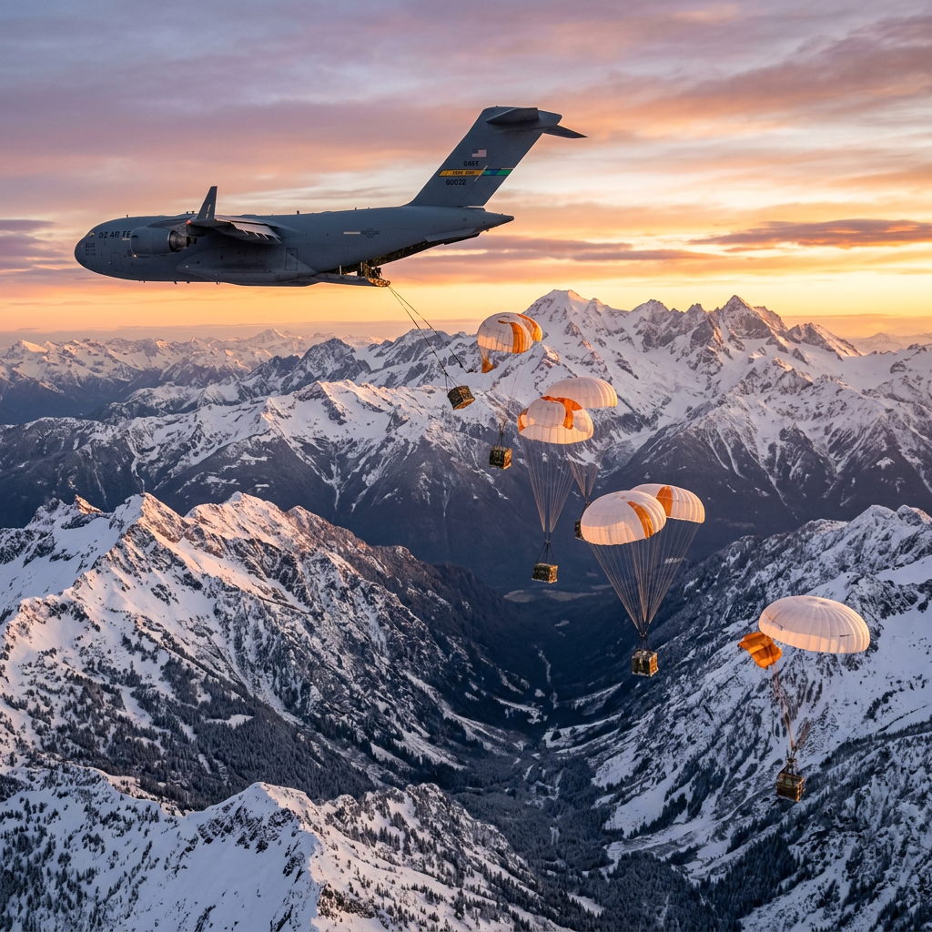 Military cargo plane releasing parachuted supply crates over snow-covered mountains during sunset